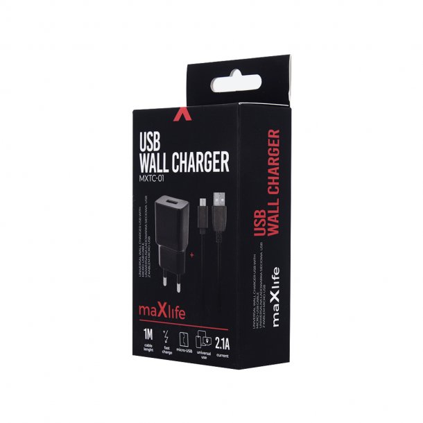 Lader til 220V 2,1A i sort farve med 1M Micro USB kable en hurtig oplader.