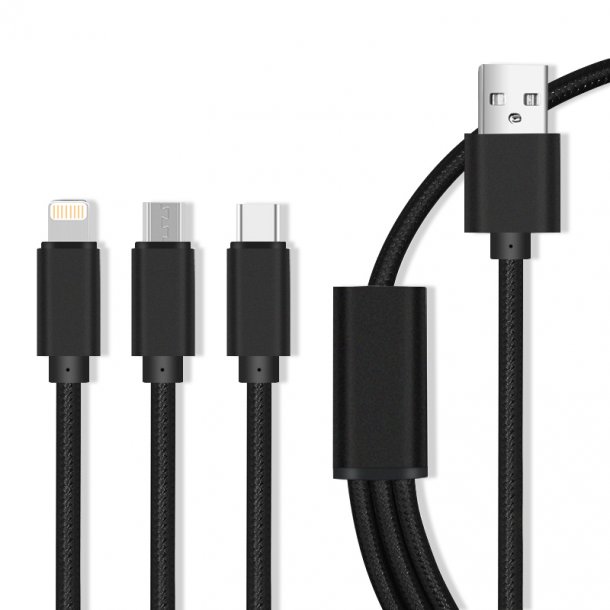 USB kabel 3 i 1 MICRO-USB C -LIGHTNING 2,1A Kablet som er i gr farve.