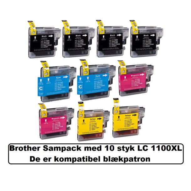 Brother Sampack LC 1100 XL B/C/M/Y med 10 stk kompatible blkpatroner. indeholder i alt 184 ml.