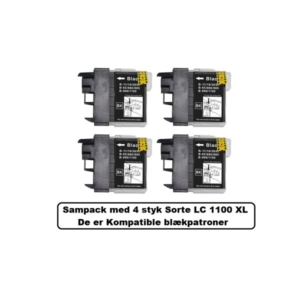 Brother Sampack Med 4 styk SORTE LC 1100XL de kompatible blkpatroner indeholder ialt 112 ml.