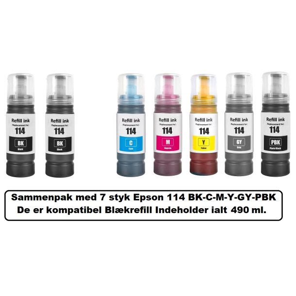 Sammenpak med 7 styk Epson 114 BK-C-M-Y-GY-PBK er kompatibel Blkrefill Indeholder ialt 490 ml.