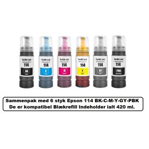Sammenpak med 6 styk Epson 114 BK-C-M-Y-GY-PB er kompatibel Blkrefill Indeholder ialt 420 ml.
