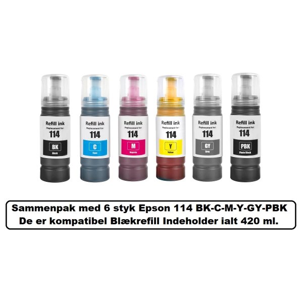 Sammenpak med 6 styk Epson 114 BK-C-M-Y-GY-PBK er kompatibel Blkrefill Indeholder ialt 420 ml.