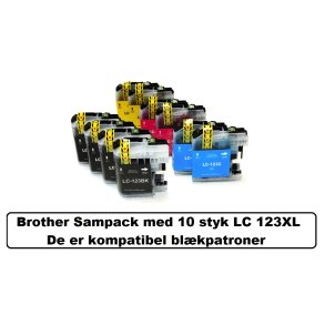 Sampack med 10 styk. Brother LC 123XL bk-cmy kompatible blkpatroner indeholder 140 ml.