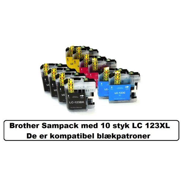 Sampack med 10 styk. Brother LC 123XL bk-cmy kompatible blkpatroner indeholder 140 ml.