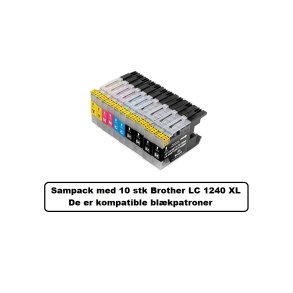 Sampack med 10 stk. Brother LC 1240 kompatible blkpatroner indeholder i alt 179 ml.