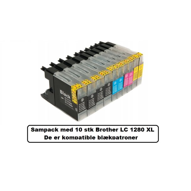 Sampack med 10 stk Brother LC1280 XL kompatible blkpatroner indeholder i alt 180 ml.