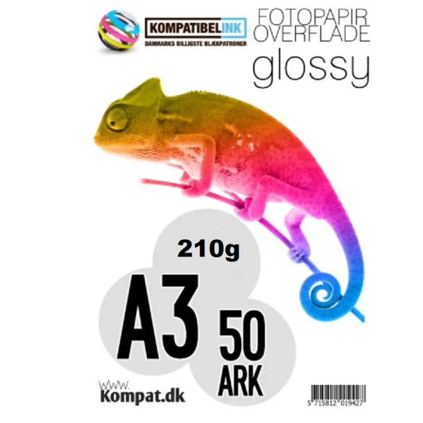 Fotopapir A3 i 210g (Glossy) med 50 ark pr.pakke