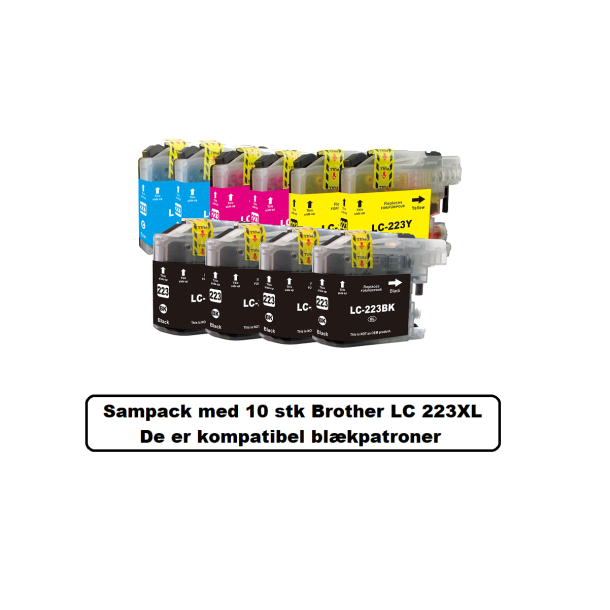 Sampack med Brother LC 223XL 4xBK og 2 af hver farve kompatibel blkpatron indeholder 140 ml ialt.