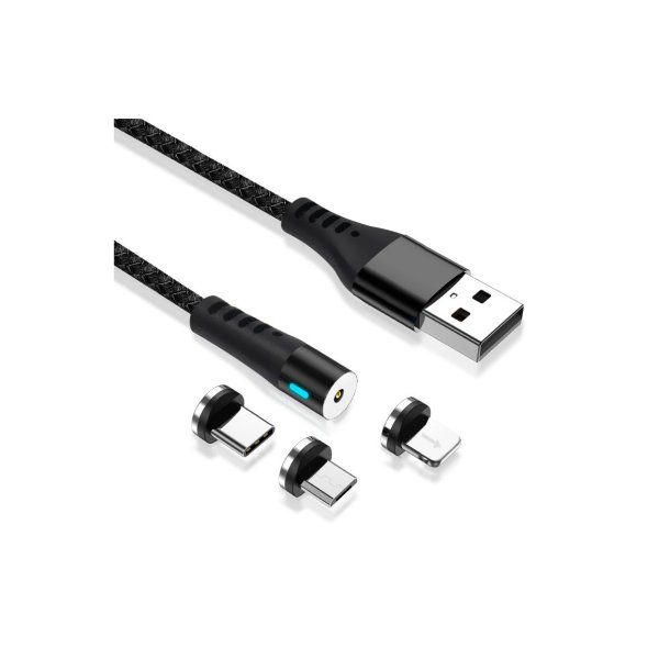 USB Dette kabel er magnetisk kabel 3 i 1 MICRO-USB C -LIGHTNING 2A Kablet som er i sort farve.
