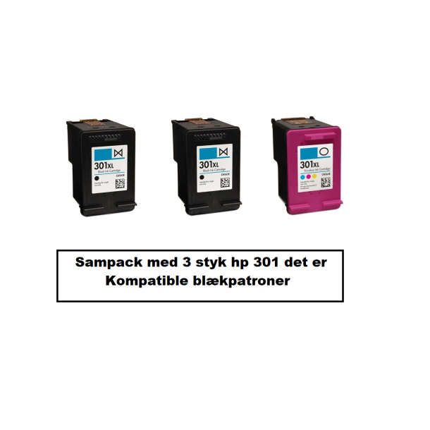Sampack med 2x HP 301XL BK. og 1x HP 301XL CMY. Kompatible blkpatroner med ialt 60 ML.