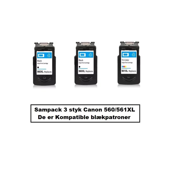 Canon Sampack med 2x pg-560XL BK og 1x cl-561XL CMY Kompatibel blkpatroner indeholder IALT 54 ml.