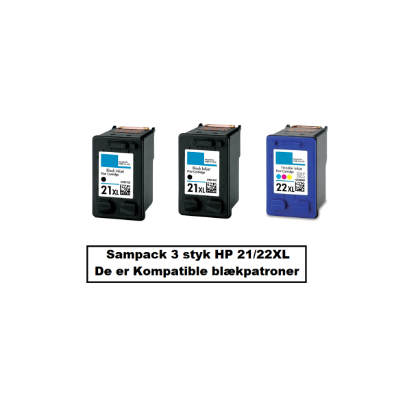 Sampack med 2x HP 21XL og 1x HP 22XL. Kompatible blkpatroner indeholder i alt 62 ml.