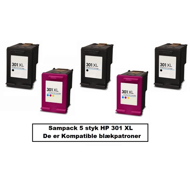 Sampack med 3x HP 301XL BK. og 2x HP 301XL CMY. Kompatible blkpatroner med 99ML.