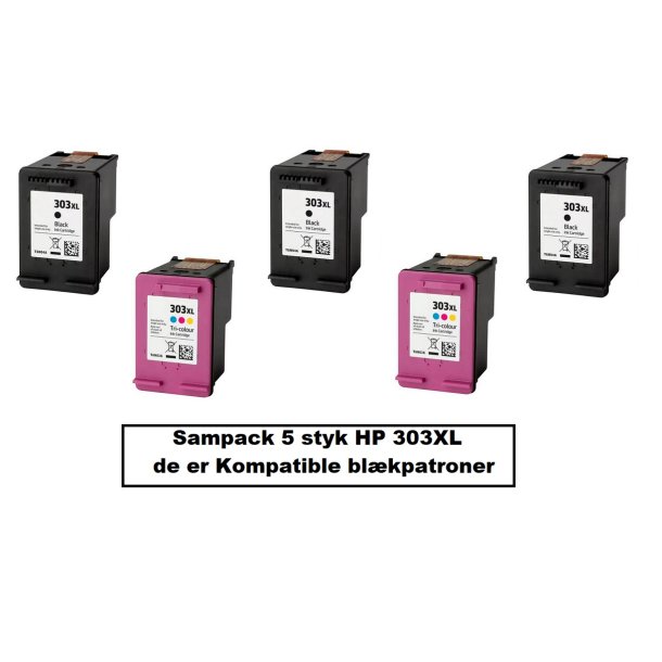 Sampack med 3x HP 303XL BK og 2x hp 303XL CMY Kompatibel blkpatroner som indeholder IALT 96 ml.