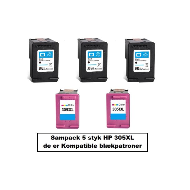 Sampack 3x HP 305XL BK 2x hp 305XL CMY Kompatibel blkpatroner som indeholder hele 87 ml ialt.