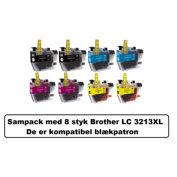 Sampack med 8 styk Brother LC 3213 kompatibel blkpatron indeholder 90 ml.