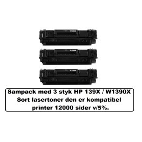 Sampack med 3 styk HP 139X / W1390X Sort lasertoner den er kompatibel printer 12000 sider v/5%.