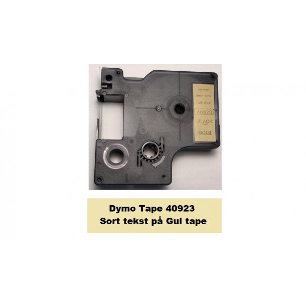 Dymo Tape D1 40923 i 9mm x 7m med Sort tekst p Guld tape.