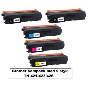 Brother Sampack med 5 styk TN 421/423/426 B,C,M,Y Kompatibel Lasertonerne 25000 sider v/ 5%