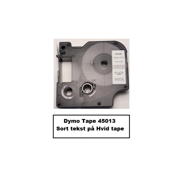 Dymo Tape D1 45013 i 12mm x 7m med Sort tekst p Hvid tape.