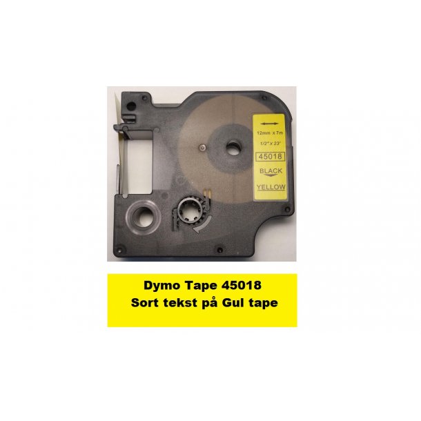 Dymo Tape D1 45018 i 12mm x 7m med Sort tekst p Gul tape.