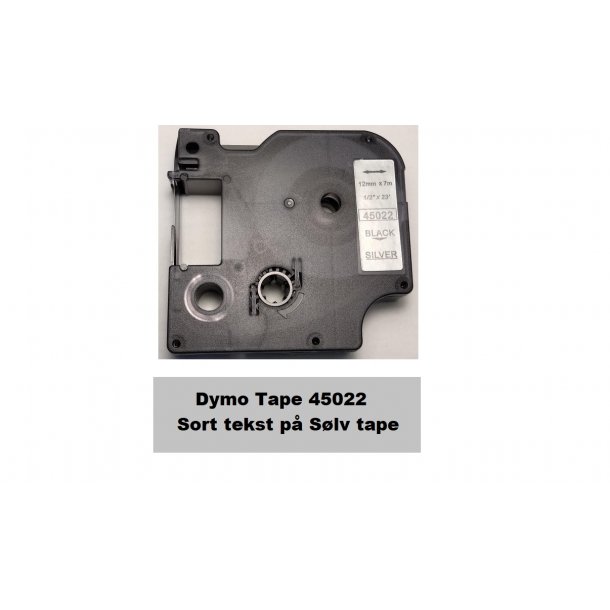 Dymo Tape D1 45022 i 12mm x 7m med Sort tekst p Slv tape.