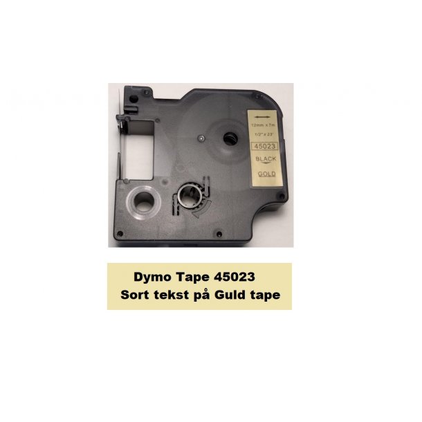 Dymo Tape D1 45023 i 12mm x 7m med Sort tekst p Guld tape.