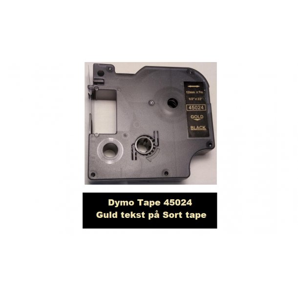 Dymo Tape D1 45024 i 12mm x 7m med Guld tekst p Sort tape.