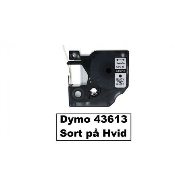 Dymo Tape D1 43613 i 6mm x 7m med sort tekst p hvid tape.