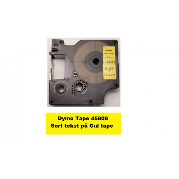 Dymo Tape D1 45808 i 19mm x 7m med Sort tekst p Gul tape.