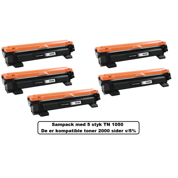 Sampack med 5 styk TN 1050 XL Erstatter Brother TN 1050 XL printer 10,000 sider v/5% ialt.