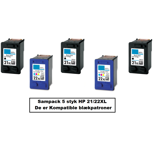 Sampack med 3x HP 21XL og 2x HP 22XL. Kompatible blkpatroner indeholder i alt 102 ml.