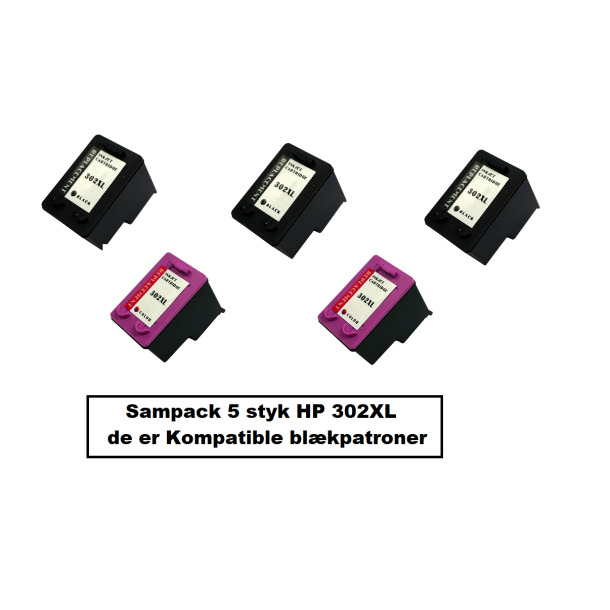 Sampack med 3x HP 302XL BK og 2x hp 302XL CMY Kompatibel blkpatroner som indeholder IALT 96 ml.