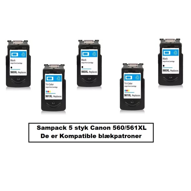 Canon Sampack med 3x pg-560XL BK og 2x cl-561XL CMY Kompatibel blkpatroner indeholder IALT 90 ml.