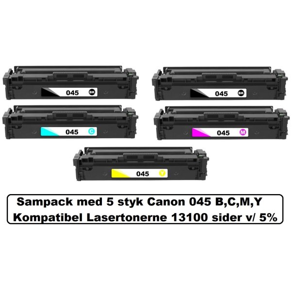 Sampack med 5 styk Canon 045H B,C,M,Y Kompatibel Lasertonerne 13,300 sider v/ 5%