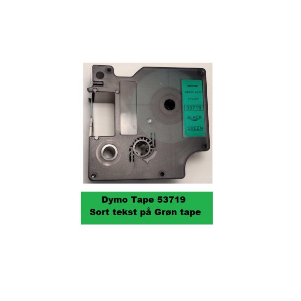 Dymo Tape D1 53719 i 24mm x 7m med  Sort tekst p Grn tape.