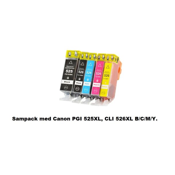 Sampack med Canon PGI 525XL, CLI 526XL B/C/M/Y. Kompatible blkpatroner indeholder ialt 55,4-65 ml.