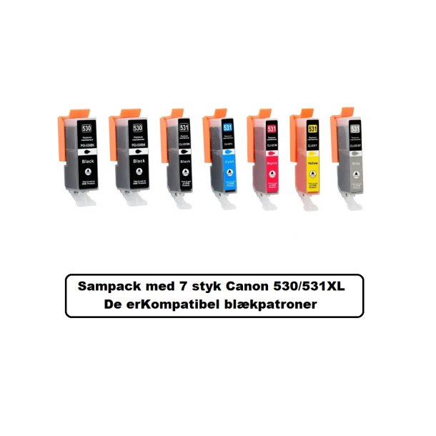 Canon Sampack med 7 styk Pgi 530 XL, Cli 531XL B/C/M/Y/GY. kompatible blkpatroner indeholder 115ml.