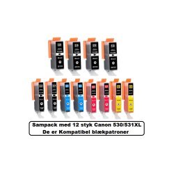Canon Sampack med 12 styk Pgi 530XL, Cli 531XL B/C/M/Y. kompatible blkpatroner indeholder 230ml.