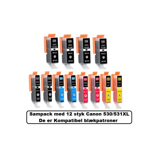 Canon Sampack med 12 styk Pgi 530XL, Cli 531XL B/C/M/Y/GY. kompatible blkpatroner indeholder 230ml.