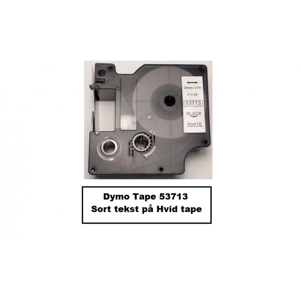 Dymo Tape D1 53713 i 24mm x 7m med Sort tekst p Hvid tape.