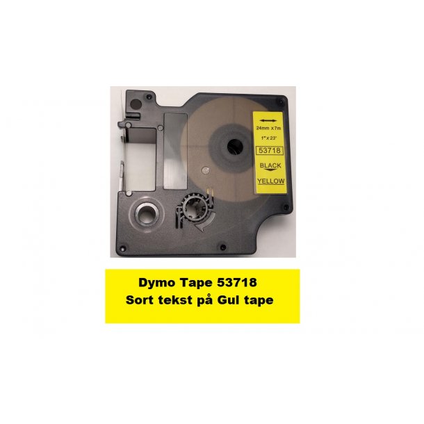 Dymo Tape D1 53718 i 24mm x 7m med Sort tekst p Gul tape.