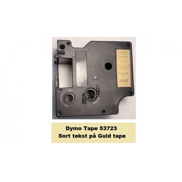 Dymo Tape D1 53723 i 24mm x 7m med Sort tekst p Guld tape.