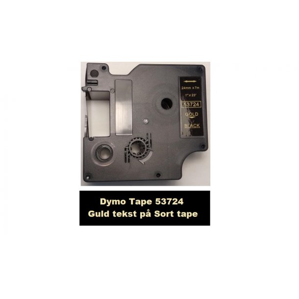 Dymo Tape D1 53724 i 24mm x 7m med Guld tekst p sort tape.