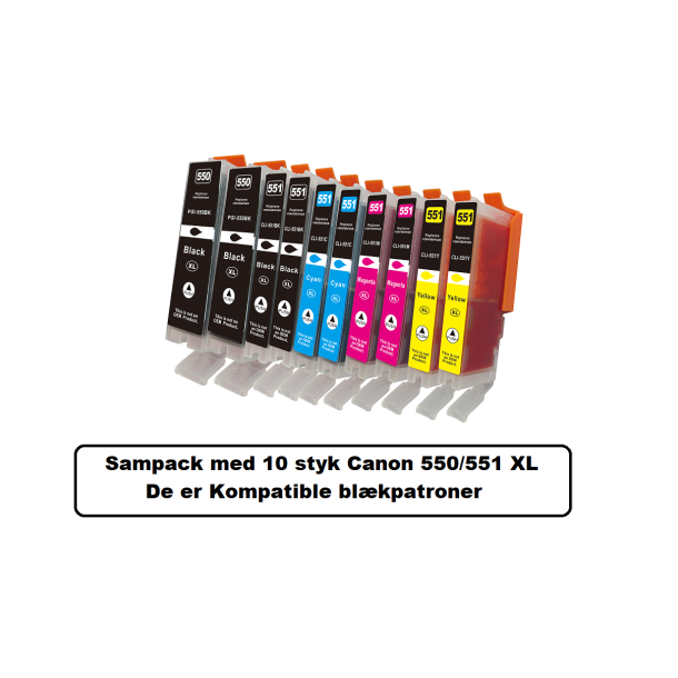 Sampack med 10 styk Canon Pgi 550XL, Cli 551XL B/C/M/Y. kompatible blkpatroner indeholder 138ml.