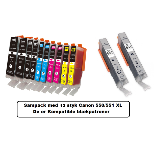 Sampack med 12 styk Canon Pgi 550XL, Cli 551XL B/C/M/Y/GY. kompatible blkpatroner indeholder 160ml.