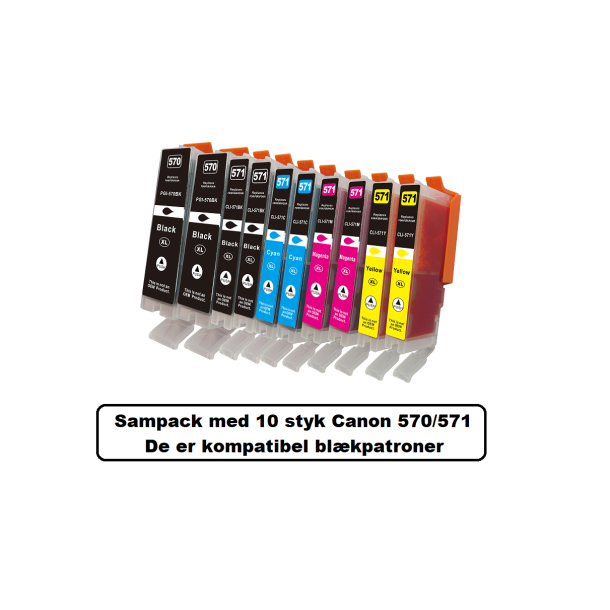 Sampack med 10 styk Canon 2x Pgi 570XL, 2x Cli 571XL B/C/M/Y. kompatible blkpatroner ialt 154ml.