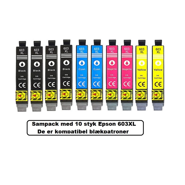 Sampack med Epson 603XL 4xBK og 2 af hver farve kompatibel blkpatroner indeholder hele 124 ml ialt.