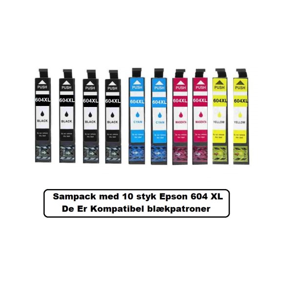 Sampack med 10 styk Epson 604 XL Kompatibel blkpatroner indeholder 108 ml ialt.